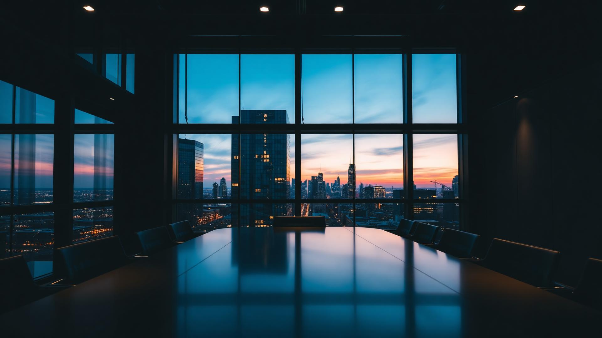 Sala de reuniões corporativa ao anoitecer